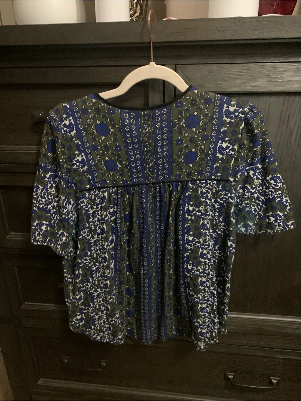 Lucky Brand Blue and Olive Floral Tie-Neck Peasant Blouse